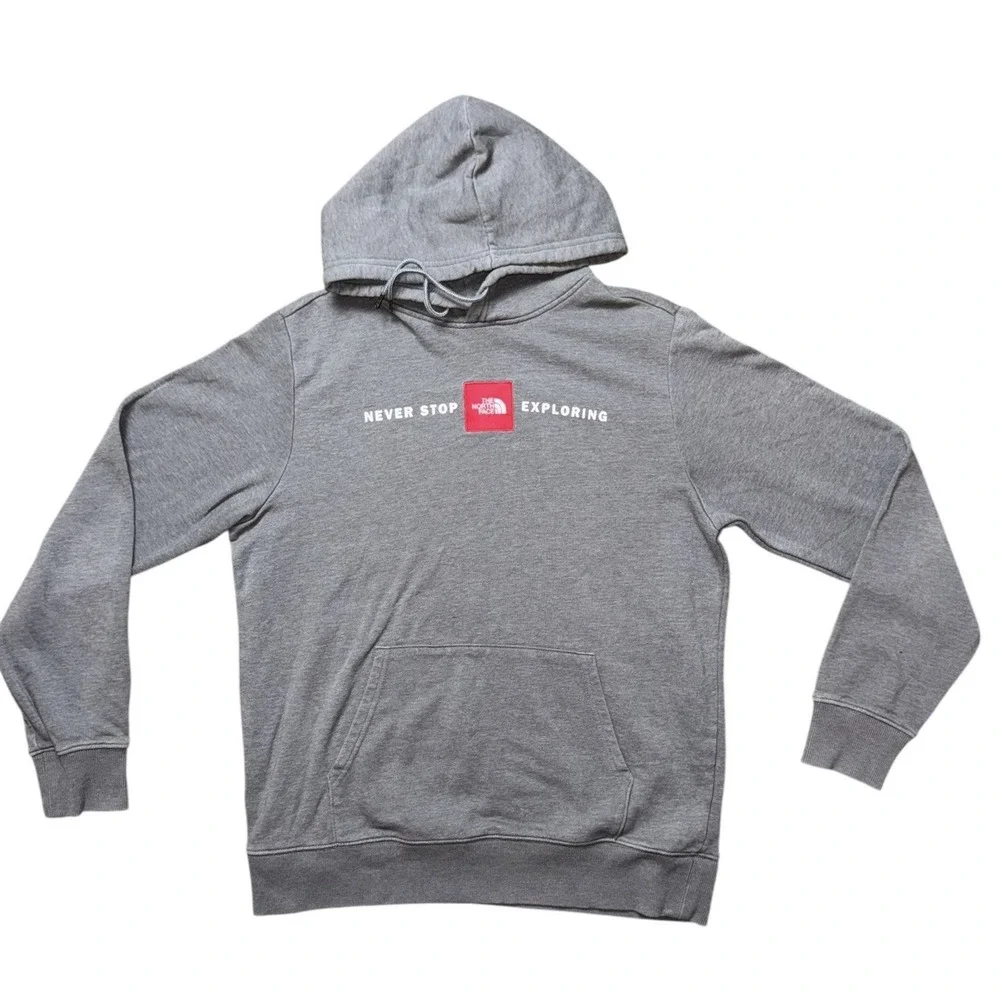 The‎ North Face Mens Gray Red Never Stop Exploring Logo Hoodie/Sweatshirt Sz L